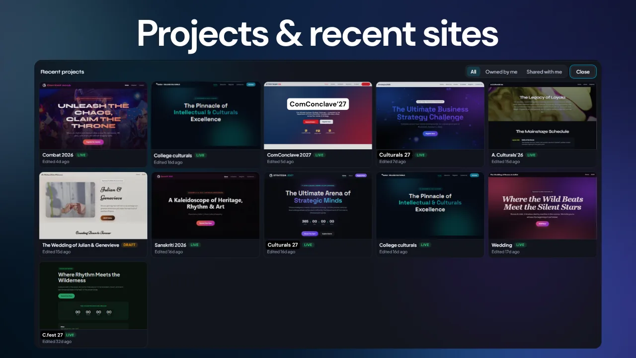 Prime Site dashboard with recent projects